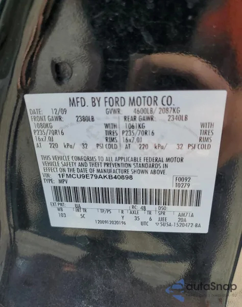 2010 Ford Escape Limited z USA, uszkodzony, nr VIN 1FMCU9E79AKB40898